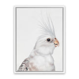 Shop Pia The White Cockatiel Canvas Art Print-Animals, Baby Nursery, Birds, Portrait, Rectangle, Scandinavian, View All, White-framed wall decor artwork