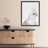 Shop Pia The White Cockatiel Canvas Art Print-Animals, Baby Nursery, Birds, Portrait, Rectangle, Scandinavian, View All, White-framed wall decor artwork