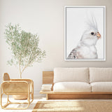 Shop Pia The White Cockatiel Canvas Art Print-Animals, Baby Nursery, Birds, Portrait, Rectangle, Scandinavian, View All, White-framed wall decor artwork