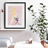 Shop Charlie The Cockatoo (Pink) Art Print-Animals, Baby Nursery, Birds, Pink, Portrait, Tropical, View All, Yellow-framed painted poster wall decor artwork