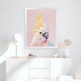 Shop Charlie The Cockatoo (Pink) Art Print-Animals, Baby Nursery, Birds, Pink, Portrait, Tropical, View All, Yellow-framed painted poster wall decor artwork