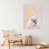 Shop Charlie The Cockatoo (Pink) Canvas Art Print-Animals, Baby Nursery, Birds, Pink, Portrait, Tropical, View All, Yellow-framed wall decor artwork