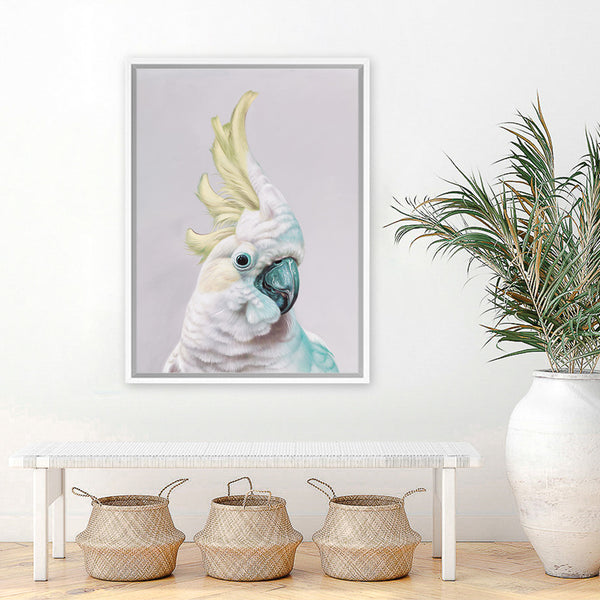 Shop Charlie The Cockatoo (Ice) Canvas Art Print-Animals, Baby Nursery, Birds, Pink, Portrait, Tropical, View All, White, Yellow-framed wall decor artwork