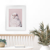 Shop Milly The Umbrella Cockatoo - Pink Art Print-Animals, Baby Nursery, Birds, Pink, Portrait, View All-framed painted poster wall decor artwork