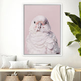 Shop Milly The Umbrella Cockatoo - Pink Canvas Art Print-Animals, Baby Nursery, Birds, Pink, Portrait, View All-framed wall decor artwork
