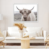 Shop Highland Cow II Photo Canvas Art Print-Animals, Grey, Horizontal, Landscape, Neutrals, Photography, Photography Canvas Prints, Rectangle, View All-framed wall decor artwork
