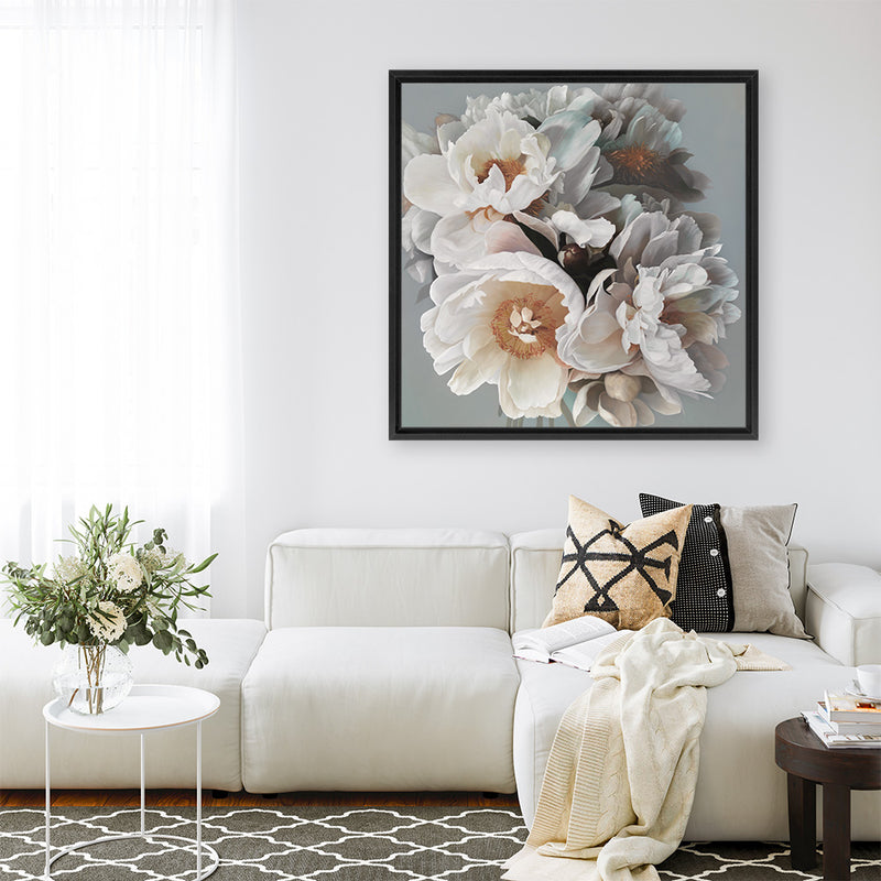 Shop Spring Bouquet II (Square) Canvas Art Print-Botanicals, Florals, Grey, Hamptons, Square, View All, White-framed wall decor artwork