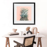 Shop Pink Pineapple (Square) Art Print-Green, Orange, Square, Tropical, View All, Yellow-framed painted poster wall decor artwork
