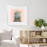 Shop Pink Pineapple (Square) Art Print-Green, Orange, Square, Tropical, View All, Yellow-framed painted poster wall decor artwork