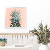 Shop Pink Pineapple (Square) Art Print-Green, Orange, Square, Tropical, View All, Yellow-framed painted poster wall decor artwork