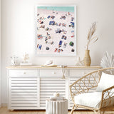 Shop Beach Bathers Art Print-Amalfi Coast Italy, Blue, Coastal, Neutrals, People, Pink, Portrait, Tropical, View All-framed painted poster wall decor artwork