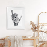 Shop Sleeping Koala Art Print-Animals, Baby Nursery, Black, Grey, Portrait, View All, White-framed painted poster wall decor artwork