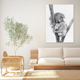 Shop Sleeping Koala Canvas Art Print-Animals, Baby Nursery, Black, Grey, Portrait, View All, White-framed wall decor artwork