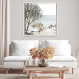 Shop Palm Tree Views (Square) Canvas Art Print-Coastal, Green, Neutrals, Square, Tropical, View All-framed wall decor artwork