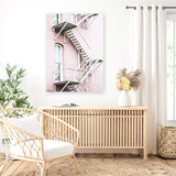 Shop Pink Building Photo Canvas Art Print-Landscape, Photography, Photography Canvas Prints, Pink, Portrait, Scandinavian, View All-framed wall decor artwork