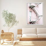 Shop Pink Building Photo Canvas Art Print-Landscape, Photography, Photography Canvas Prints, Pink, Portrait, Scandinavian, View All-framed wall decor artwork