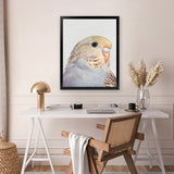 Shop Sammy The Budgerigar Art Print-Animals, Baby Nursery, Birds, Grey, Portrait, Rectangle, View All, Yellow-framed painted poster wall decor artwork