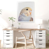Shop Sammy The Budgerigar Art Print-Animals, Baby Nursery, Birds, Grey, Portrait, Rectangle, View All, Yellow-framed painted poster wall decor artwork