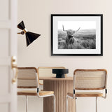 Shop Highland Cow B&W Photo Art Print-Animals, Black, Grey, Horizontal, Landscape, Photography, Rectangle, View All, White-framed poster wall decor artwork