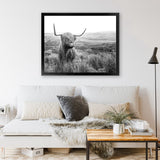 Shop Highland Cow B&W Photo Art Print-Animals, Black, Grey, Horizontal, Landscape, Photography, Rectangle, View All, White-framed poster wall decor artwork