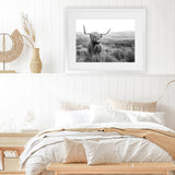 Shop Highland Cow B&W Photo Art Print-Animals, Black, Grey, Horizontal, Landscape, Photography, Rectangle, View All, White-framed poster wall decor artwork