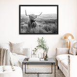 Shop Highland Cow B&W Photo Canvas Art Print-Animals, Black, Grey, Horizontal, Landscape, Photography, Photography Canvas Prints, Rectangle, View All, White-framed wall decor artwork