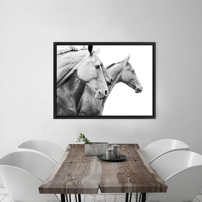Shop Grey Horses Photo Canvas Art Print-Animals, Black, Grey, Landscape, Photography, Photography Canvas Prints, Scandinavian, View All, White-framed wall decor artwork