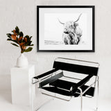 Shop Lone Highland Cow B&W Photo Art Print-Animals, Black, Horizontal, Landscape, Photography, Rectangle, View All, White-framed poster wall decor artwork