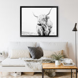 Shop Lone Highland Cow B&W Photo Art Print-Animals, Black, Horizontal, Landscape, Photography, Rectangle, View All, White-framed poster wall decor artwork