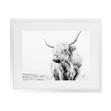 Shop Lone Highland Cow B&W Photo Art Print-Animals, Black, Horizontal, Landscape, Photography, Rectangle, View All, White-framed poster wall decor artwork