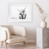 Shop Lone Highland Cow B&W Photo Art Print-Animals, Black, Horizontal, Landscape, Photography, Rectangle, View All, White-framed poster wall decor artwork