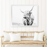 Shop Lone Highland Cow B&W Photo Art Print-Animals, Black, Horizontal, Landscape, Photography, Rectangle, View All, White-framed poster wall decor artwork
