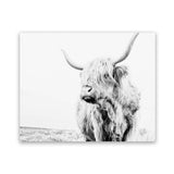 Shop Lone Highland Cow B&W Photo Art Print-Animals, Black, Horizontal, Landscape, Photography, Rectangle, View All, White-framed poster wall decor artwork