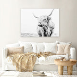 Shop Lone Highland Cow B&W Photo Canvas Art Print-Animals, Black, Horizontal, Landscape, Photography, Photography Canvas Prints, Rectangle, View All, White-framed wall decor artwork