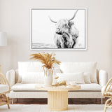 Shop Lone Highland Cow B&W Photo Canvas Art Print-Animals, Black, Horizontal, Landscape, Photography, Photography Canvas Prints, Rectangle, View All, White-framed wall decor artwork