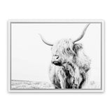 Shop Lone Highland Cow B&W Photo Canvas Art Print-Animals, Black, Horizontal, Landscape, Photography, Photography Canvas Prints, Rectangle, View All, White-framed wall decor artwork
