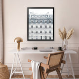 Shop Paris Building II Art Print-Grey, Hamptons, Portrait, View All, White-framed painted poster wall decor artwork