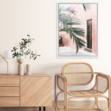 Shop Palm Doorway I Canvas Art Print-Boho, Coastal, Green, Pink, Portrait, Tropical, View All-framed wall decor artwork
