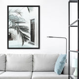Shop Palm Doorway II Canvas Art Print-Boho, Coastal, Green, Portrait, Tropical, View All, White-framed wall decor artwork