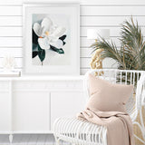 Shop White Magnolia II Art Print-Florals, Green, Hamptons, Portrait, View All, White-framed painted poster wall decor artwork