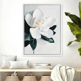 Shop White Magnolia II Canvas Art Print-Florals, Green, Hamptons, Portrait, View All, White-framed wall decor artwork