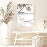 Shop Island Hammock Photo Canvas Art Print-Boho, Coastal, Green, Neutrals, Photography, Photography Canvas Prints, Portrait, Tropical, View All, White-framed wall decor artwork