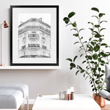 Shop Paris Building B&W I Art Print-Black, Grey, Hamptons, Portrait, Rectangle, View All, White-framed painted poster wall decor artwork