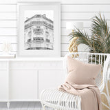 Shop Paris Building B&W I Art Print-Black, Grey, Hamptons, Portrait, Rectangle, View All, White-framed painted poster wall decor artwork