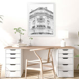 Shop Paris Building B&W I Art Print-Black, Grey, Hamptons, Portrait, Rectangle, View All, White-framed painted poster wall decor artwork
