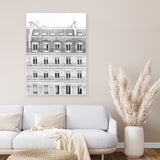 Shop Paris Building B&W II Canvas Art Print-Black, Hamptons, Photography, Photography Canvas Prints, Portrait, View All, White-framed wall decor artwork