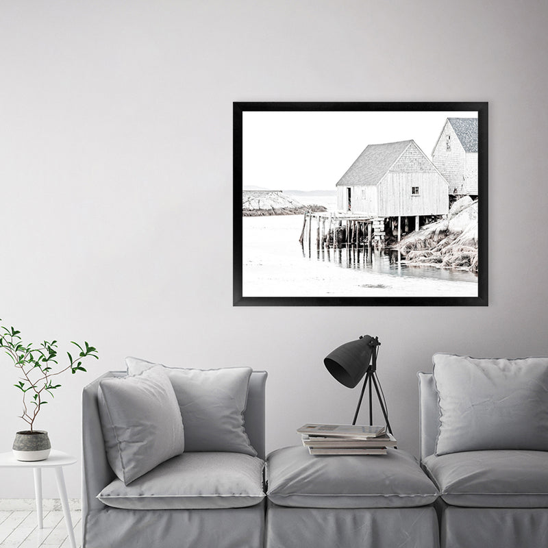 Shop Old Fishing Shack Photo Art Print-Black, Boho, Coastal, Grey, Hamptons, Landscape, Photography, Scandinavian, View All, White-framed poster wall decor artwork