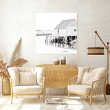 Shop Old Fishing Shack (Square) Photo Canvas Art Print-Black, Boho, Coastal, Hamptons, Photography, Photography Canvas Prints, Square, View All, White-framed wall decor artwork