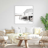 Shop Old Fishing Shack (Square) Photo Canvas Art Print-Black, Boho, Coastal, Hamptons, Photography, Photography Canvas Prints, Square, View All, White-framed wall decor artwork