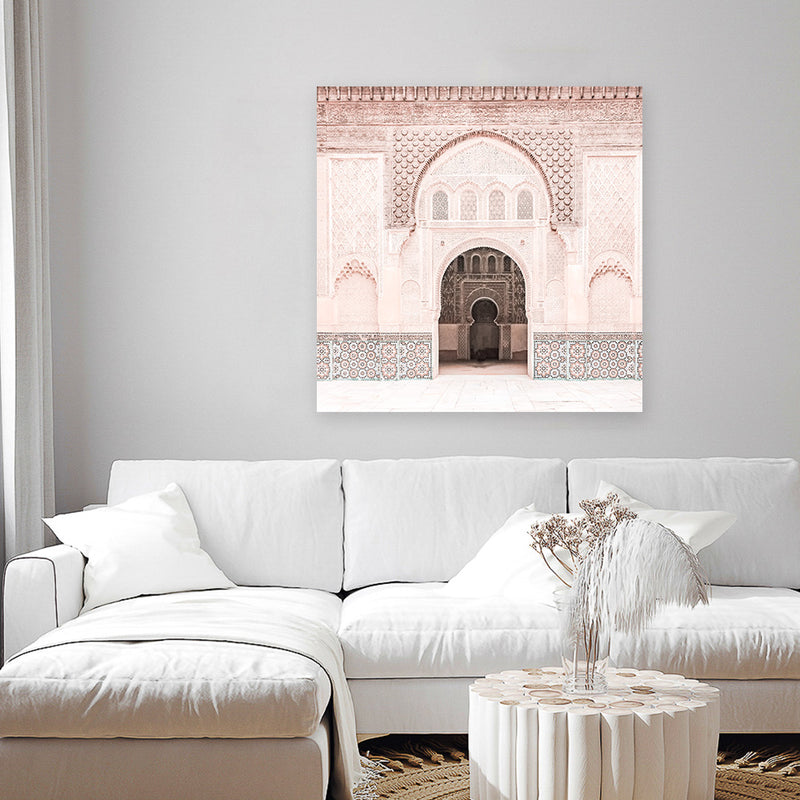 Shop Marrakesh Arch (Square) Photo Canvas Art Print-Boho, Moroccan Days, Photography, Photography Canvas Prints, Pink, Square, View All-framed wall decor artwork